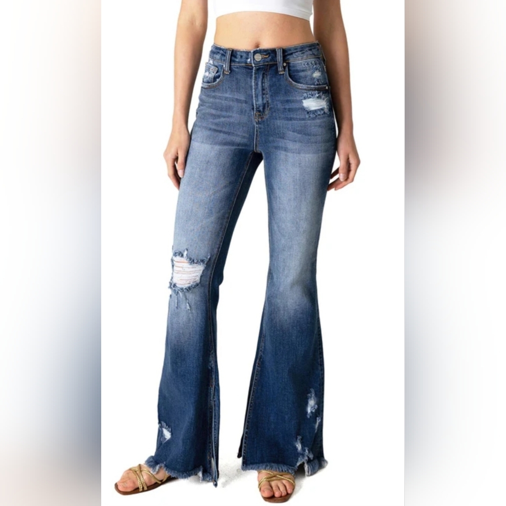 👖NWOT Risen "Vent High Rise Split Flare Jeans w/Distressing" Dark Denim Sz 3/26 - Picture 2 of 14